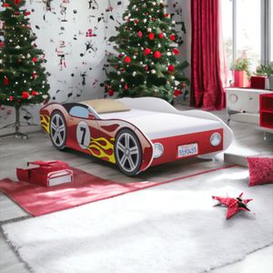 iGLOBAL Kinderbett Autobett Cars Bett Jugendbett Juniorbett Bett mit Lattenrost Stellage Schaumstoffmatratze Rot 140 x 70 cm