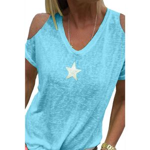 Frauen Sommer kalte Schulter Sternendruck Plus Size T-Shirt V-Ausschnitt einfarbig oben hellgruen XXXXXL