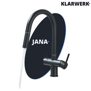 Jana | 3 Wege Premium Schwarz matt ausziehbare Armatur | Edelstahl Osmose Wasserhahn Küche |Mischbatterie  360 Grad |Filter 3 Anschlüsse hoher Bogen