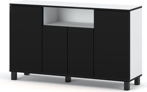 Skandinavische Kommode Sideboard Holz 140x80x35 für Wohnzimmer, Flur oder als Kommode Schlafzimmer - Minimalistisches Design -  Weiß Matt Schwarz Matt