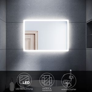 SONNI LED beleuchteter Badezimmerspiegel 60 x 40 cm Wandspiegel Cooles weißes Licht Wandschalter IP44 Badspiegel