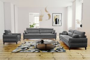 Velour Klassische Sofa + Sessel im Skandinavischen Stil BELLANO auf Holzfuße für Wohnzimmer, Couchgarnituren (Farbe: Grau)