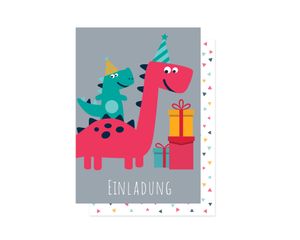 Friendly Fox Einladung Dino - 12 Einladungskarten Dinosaurier zum Kindergeburtstag Junge Mädchen - witzige Einladungskarten Geburtstag - Geburtstagskarte Dino (grau)