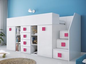 Hochbett Etagenbett weiß hochglanz mit Schreibtisch Schrank Regalen und Treppe TELLY 3