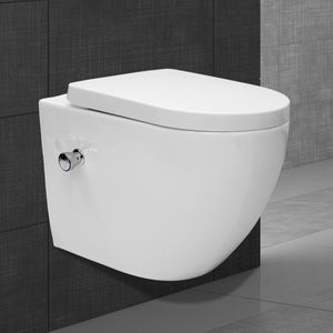 ECD Germany Bezsplachová závesná toaleta s funkciou bidetu, 36x38x5,5 cm, biela, keramika, mäkko zatvárateľné WC sedátko, odnímateľné, závesné umývateľné WC