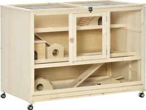 PawHut Klec pro křečky Klec pro hlodavce 3 patra Klec pro myši se 3 otvory 4 kolečka Třípatrová klec z jedlového dřeva Organické sklo Přírodní 110 x 60 x 80 cm