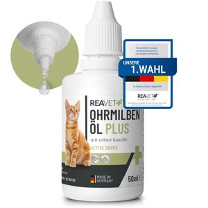 REAVET Ohrmilbenöl Plus 50ml sofort wirksames Mittel für Katzen & Hunde –gegen Ohrmilben mit Kamille für Hund & Katze, Sanfte Pflege bei Juckreiz im Ohr, Ohrentropfen Milben, Ohrenreiniger