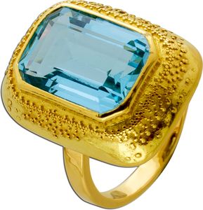 Antiker Ring Gelbgold 750 18 Karat 1 blau leuchtender Aquamarin Edelstein 6ct Emerald Cut Vintage 1900 18