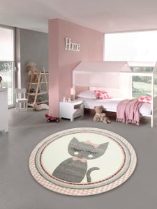 Kinderteppich Kinderzimmerteppich Babyteppich rund Katze in Rosa Grau Creme Größe - 120 cm Rund