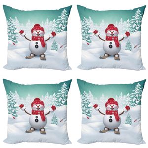 ABAKUHAUS Weihnachten Kissenbezug Set (4 Stück), Skifahren-Schneemann-Bäume, Moderner Doppelseitiger Digitaldruck, 40 cm x 40 cm, Teal Rot Weiß