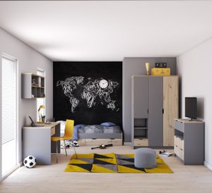 Kinderzimmer-Set Jugendzimmer-Set aus Bett Kleiderschrank Kommode Schreibtisch Wandregal Grau/Artisan Eiche JOY II Kinderzimmer-Set Jugendzimmer-Set aus Bett Kleiderschrank Kommode Schreibtisch Wandregal Grau/Artisan Eiche JOY II