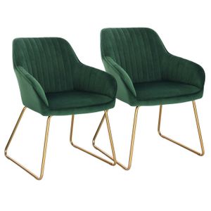 WOLTU 2 × Küchenstuhl Sessel mit Armlehne, aus Samt, Goldmetallbeine, Dunkelgrün