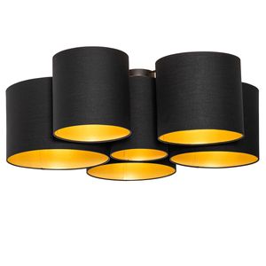 QAZQA - Modern Deckenleuchte I Deckenlampe I Lampe I Leuchte schwarz mit Gold I Messing innen 6 Lichter - MultiDrum mit Schirm I Wohnzimmer I Schlafzimmer - Textil Rund - LED geeignet E27