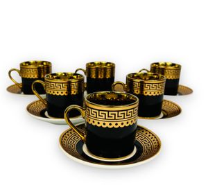Medusa Luxus Gold Espressotassen 12 TLG für 6 Personen Tassen + Untertassen 60 Ml Mäander Stil mit Geschenkverpackung
