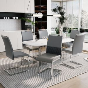 MODFU Moderner Esszimmerstuhl, 6er-Set, Küchenstuhl, Bürostuhl mit flacher Streifen-Rückenlehne, gepolsterter Stuhl, multifunktional, hochwertiges Kunstleder, Leinen, Grau