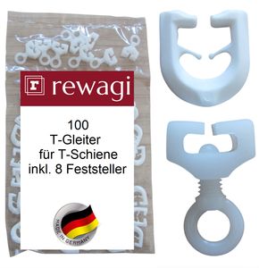 rewagi 100 T-Gleiter, Gardinenhaken & 8 Feststeller für T-Schienen, Überklipshaken, Faltenhaken - weiß