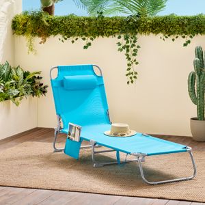 SoBuy Gartenliege mit Seitentasche und Kopfkissen luftig klappbar Sonnenliege Liegestuhl für Gärten, Höfe, Strände, Balkone Blau OGS35-B
