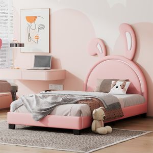 Flieks Detská posteľ Drevená posteľ 90x200cm Jednolôžková posteľ v tvare králičieho ucha, posteľ pre mladých Dievčenská posteľ s lamelovým rámom a čelom