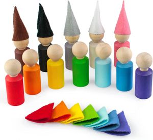 Ulanik Peg Puppen mit Hüte Montessori Holzspielzeug Sortierspiel 12 Zwerge 60 mm Ab 3+ Jahre Farbsortierung und Zählen Peg Puppen Vorschulerziehung, SG01C1202U