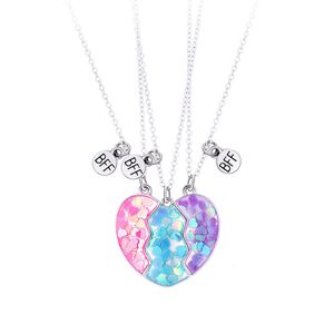Bixorp BFF Halskette für 3 mit Regenbogen Glitzerherz - Silber mit rosa, blauen & lila Anhängern - Freundschaftskette für drei
