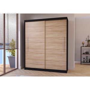 Schwebetürenschrank Kleiderschrank Schrank Garderobe Torino (Schwarz/Sonoma) ohne Spiegel + LED-Beleuchtung