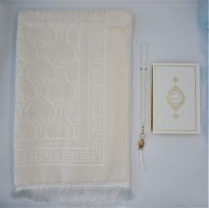 Lale Collection® Luxus XXL Samt Gebetsteppich-Set Weiß + Gebetskette + Koran -- Seccade Namaz Bayram Sejjada Tesbih 99'lu Quran Islam Muslim tasbih Kuran