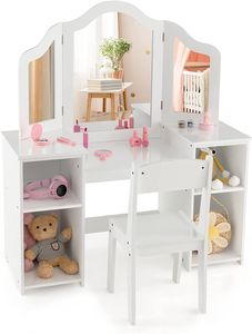 Dětský toaletní stolek COSTWAY 2 v 1, psací stůl s židlí a odnímatelným zrcadlem, dívčí toaletní stolek s otevřenými přihrádkami, dřevěný toaletní stolek, toaletní stolek (s židlí, bílý)