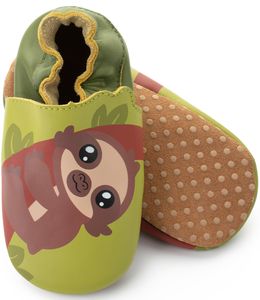 Marken Echt-Leder Baby Krabbelschuhe, rutschfest | Lauflernschuhe Lederschuhe Barfußschuhe | Henry das Faultier (grün-kombi) | 12-18 Monate