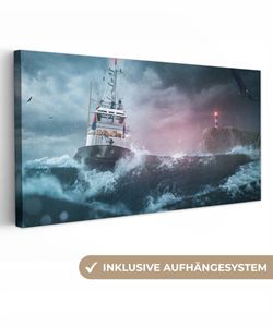 OneMillionCanvasses® - Leinwandbilder -Bild auf Leinwand Wandbild Leinwandbild Meer - Boot - Sturm - Leuchtturm, 40x20 cm, Kunstdruck Wandkunst Wohnzimmer Schlafzimmer