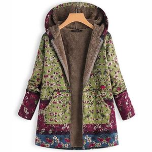 Plus Size Damen Retro Floral Kapuzen Fleece Mantel Winter Lange Jacke Parka Outwear,Farbe: Grün,Größe:L