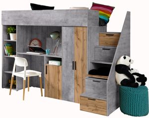 Etagenbett für Kinder Konkret 14 Stockbett mit Treppe, Kleiderschrank und Schreibtisch (Beton + Wotan Eiche)
