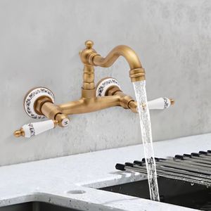 Retro Wasserhahn Wandarmatur Doppelhebel Waschbecken Messing Antik Wandmontage Küchenarmatur Badarmatur (gold)