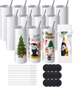 VEVOR 12er-Pack Gerade Sublimationsbecher, 591,5 ml Blanko-Becher, Edelstahl-Doppelwandbecher mit Strohhalm, Deckel, Bürste, Boden, Schrumpffolie, Geschenkbox, für Wärmepresse und Wärmeübertragung