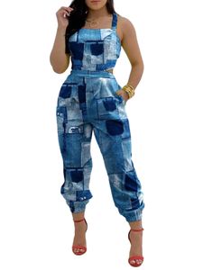 Damen Strampler Blumendruck Overalls mit Eckigem Ausschnitt Lässige Hosenträgerhose Blau,Größe XL