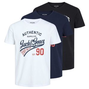 JACK&JONES Herren T-Shirt, 3er Pack - JJETHAN TEE CREW NECK, Vintage Logo, Baumwolle Weiß/Marineblau/Schwarz L