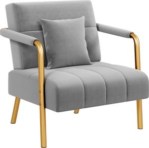 Yaheetech Samtiger Sessel Polstersessel mit Lendenkissen, Einzelsessel Loungesessel 71,5 cm B mit Metallbeinen, Hellgrau