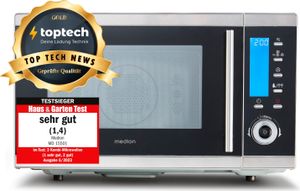 MEDION MD 15501 4 in 1 Mikrowelle mit Grill (25 Liter, 900 Watt, 1100 Watt Grill, 2500 Watt Heißluft, 10 Automatik-Programme) silber