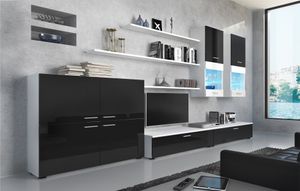 Skraut Home - Glanzlack Wohnwand, Wohnzimmer, Wohnzimmerschrank, Anbauwand, Esszimmer mit LEDs, weiß matt und schwarz lackiert, Maße: 300 x 189 x 42 cm Tiefe