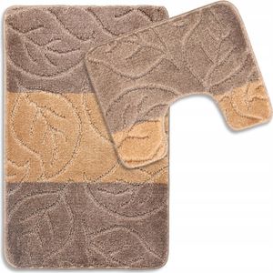 Badteppich Set 2-tlg. Leaves - Badezimmer Teppich Rutschfest & Weich - Badteppich, Badvorleger - Badematten Set Braun 50x80 cm