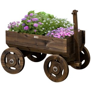 Vyvýšený záhon Outsunny v provedení dřevěného vozíku, dřevěný květinový truhlík, vozík na rostliny, stojan na rostliny pro zahradu a terasu, nosnost až 50 kg, Charred, 120 x 53 x 55 cm