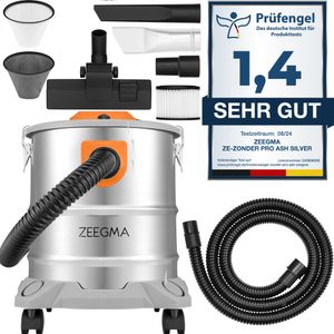 ZEEGMA Zonder Pro Ash Industriestaubsauger 1600W, Trockensauger für Asche und Schutt, Edelstahlbehälter 20 L, HEPA-Filter, Ausblasfunktion