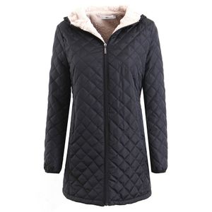 Damen Winter Lange Baumwoll-Wattierte Jacke Baumwolle Lässige Kapuzen-Langarmjacke,Farbe:Schwarz,Größe:Xxl