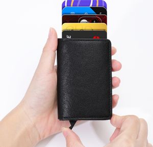 RFID Kartenetui herren Echtleder+Aluminium, Geldbörse Slim Wallet mit Münzfach RFID Schutz 8 Kartenfächern Automatisch Pop Up kreditkartenetui-Schwarz