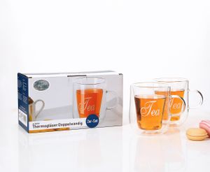 2er-Set Thermogläser Doppelwandig Teeglas mit Schriftzug TEA Tee Glas Gläser 2x260ml Kaffeegläser aus hochwertigem Borosilikat-GlasKaffee-Tasse Thermo-isoliert und mundgeblasen für ausgiebigen KaffeegenussModerne Cappuccino Trinkgläser Latte Macchiato
