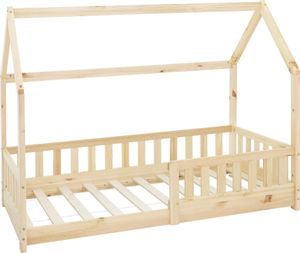 ML-Design detská posteľ 80x160 cm s ochranou proti vypadnutiu, so strieškou a lamelovým roštom, prírodná, domček z masívneho borovicového dreva ML-Design detská posteľ 80x160 cm s ochranou proti vypadnutiu, so strieškou a lamelovým roštom, prírodná, domček z masívneho borovicového dreva