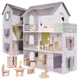 Ikonka Puppenhaus aus Holz + Möbel 70cm grau