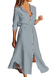 ASKSA Damen Freizeitkleider Sommer Knopf Langarm Shirtkleid  Lockeres Solides Midi Kleid mit Kordelzug, Grau, XL