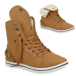 Mytrendshoe Warm Gefütterte Damen Sneakers High Kunstfell Schnallen Flats 78631, Farbe: Hellbraun, Größe: 42 Mytrendshoe Warm Gefütterte Damen Sneakers High Kunstfell Schnallen Flats 78631, Farbe: Hellbraun, Größe: 42