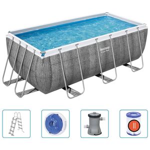 Bestway® Power Steel™ Frame Pool-Set mit Filterpumpe 412 x 201 x 122 cm, Rattan-Optik (Schiefergrau), eckig