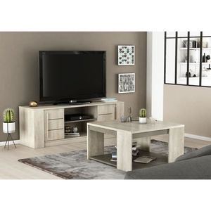 ANTIBES Wohnzimmermöbel-Set: Couchtisch + TV-Bank + Sideboard – Champagner-Eiche und Beton